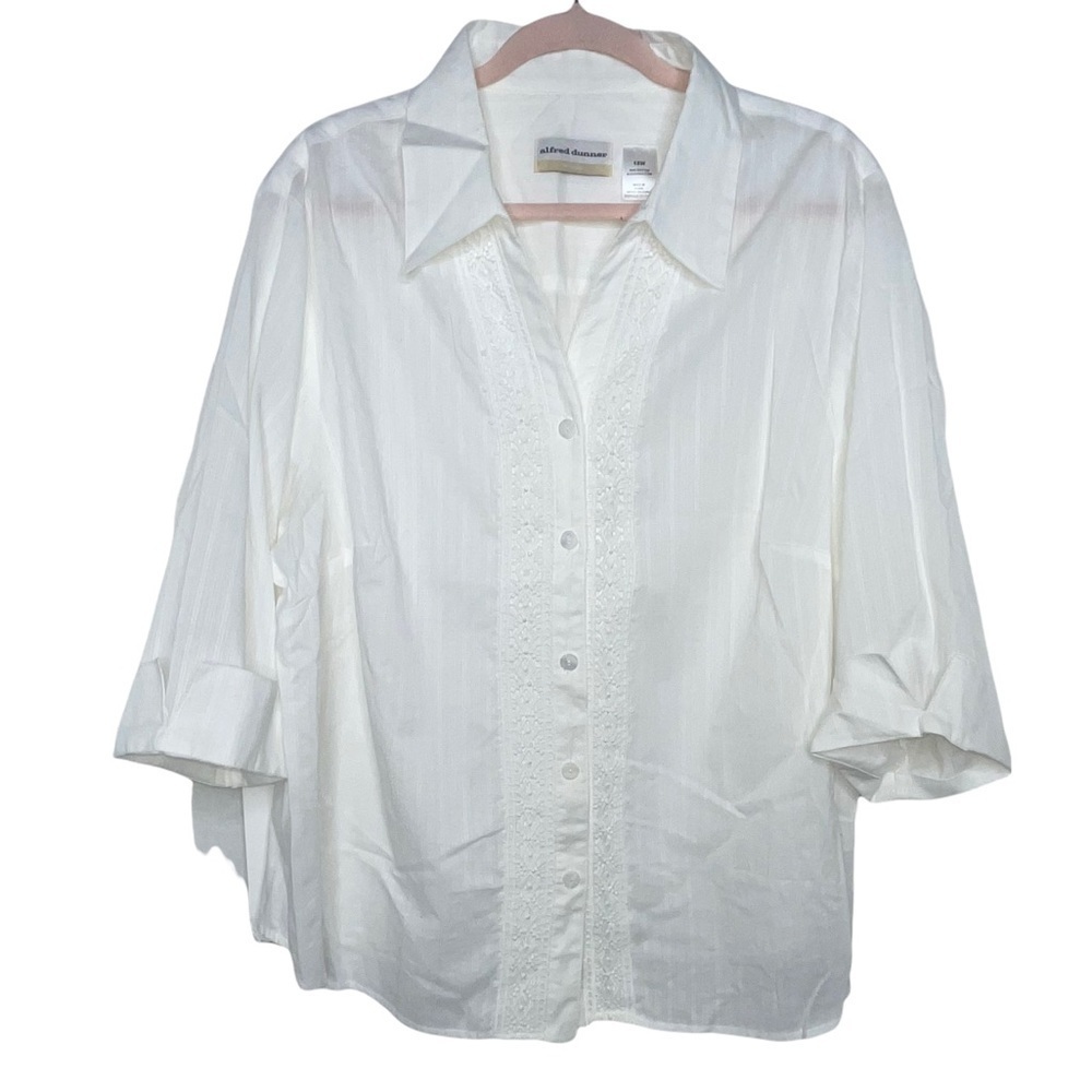 ALFRED DUNNER Woman 100% Cotton 3/4 Sleeve Embroidered Button Down Blouse 18W